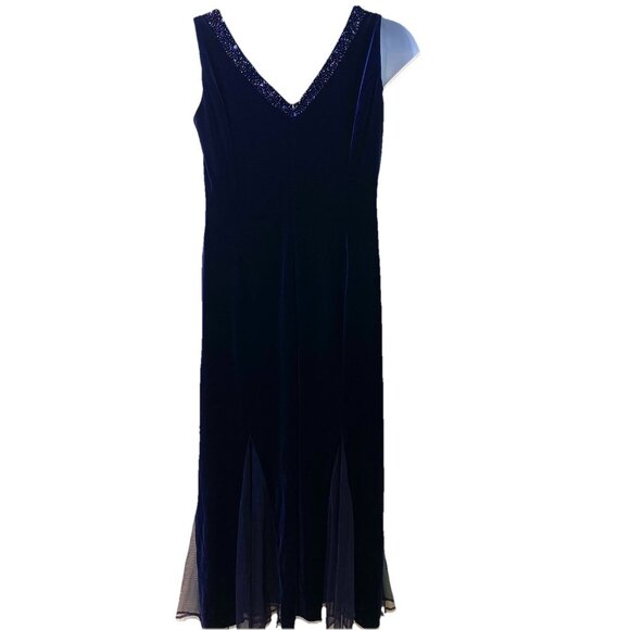 Coldwater Creek Dress Navy Blue Velvet Beaded Mesh Panel Hem Whimsigoth Sz 14P - Picture 2 of 13